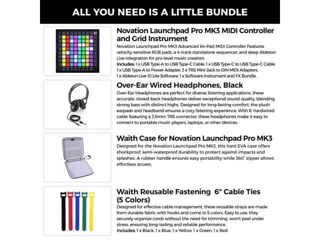 Novation Launchpad Pro 64-Pad Grid Controller, Headphones/Case/Cable Ties Bundle