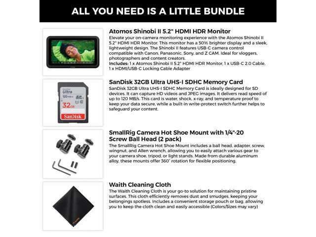 Atomos Shinobi II 5.2' HDMI 4K Recording Monitor, Hot Shoe, 32GB, Cloth Bundle