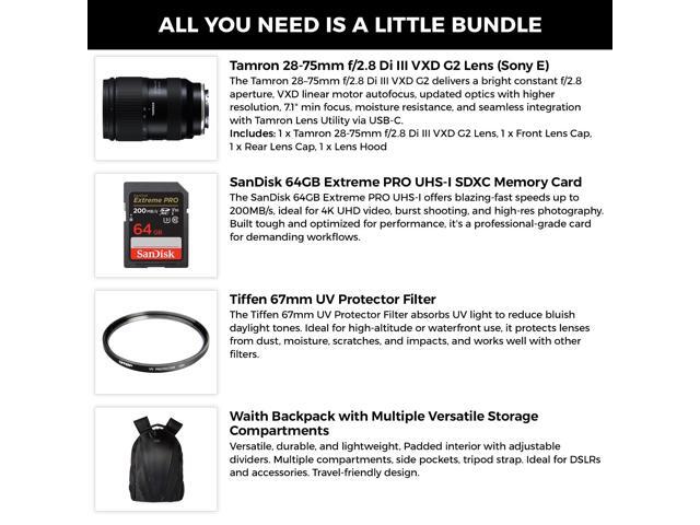 Tamron 28-75mm f/2.8 Di III VXD G2 Lens-Sony E+64GB SDXC+Tiffen UV Filter Bundle