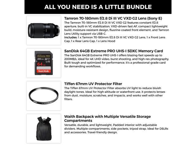 Tamron 70-180mm f/2.8 Di III VCVXD G2 Lens-Sony E+64GB SDXC+Tiffen UV Filter Kit
