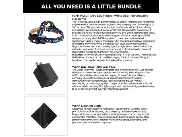 Fenix HL60R LED Rechargeable Headlamp Dual USB 2.4A Wall Plug Cleaning Cloth Kit