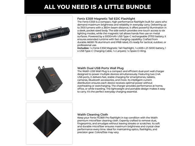 Fenix E35R Magnetic Tail Flashlight Dual USB 2.4A Wall Plug, Cleaning Cloth Kit