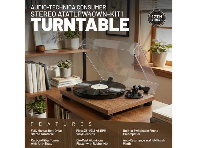 Audio-Technica AT-LPW40WN Fully Manual Belt-Drive Stereo Turntable (Walnut) with 4 Inch Powered Bookshelf Speakers (Pair), Premium Vinyl Record...