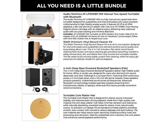 Audio-Technica ATATLPW50BTRW Automatic Turntable, Shelf Speaker & Cleaner Kit, Cork Platter, Bundle