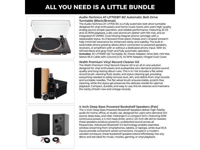 Audio-Technica AT-LP70XBT-BZ Automatic Turntable, 2 Bookshelf Speakers & Record Cleaner Kit - Bundle