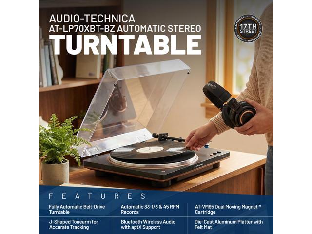 Audio-Technica AT-LP70XBT-BZ Automatic Turntable, 2 Bookshelf Speakers & Record Cleaner Kit - Bundle