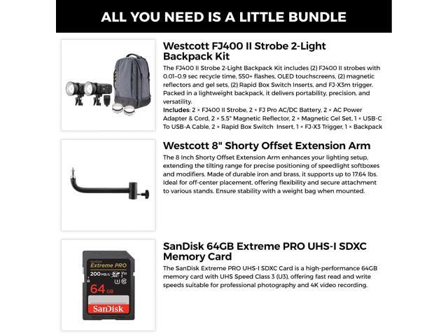 Westcott FJ400 II Power Flashes Touchscreen Strobe 2-Light +8' Arm +64GB Bundle