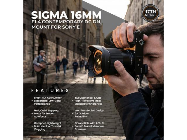 Sigma 16mm f/1.4 DC DN Contemporary Lens for Sony E, 67mm UV, 64GB, Large Bag