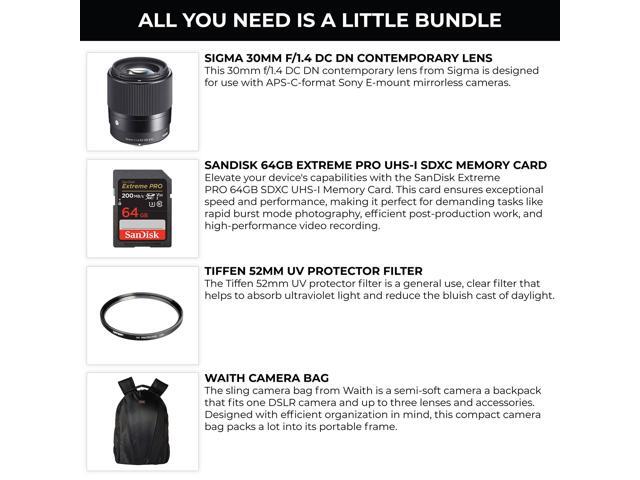 Sigma 30mm f/1.4 DC DN Contemporary Lens for Sony E, 52mm UV, 64GB, Camera Bag