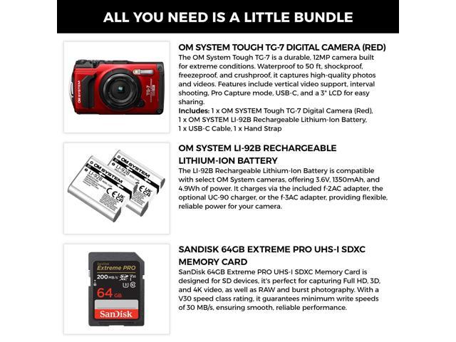 OM SYSTEM Tough TG-7 Digital Camera +Li-ion Battery +64GB Memory Card Bundle