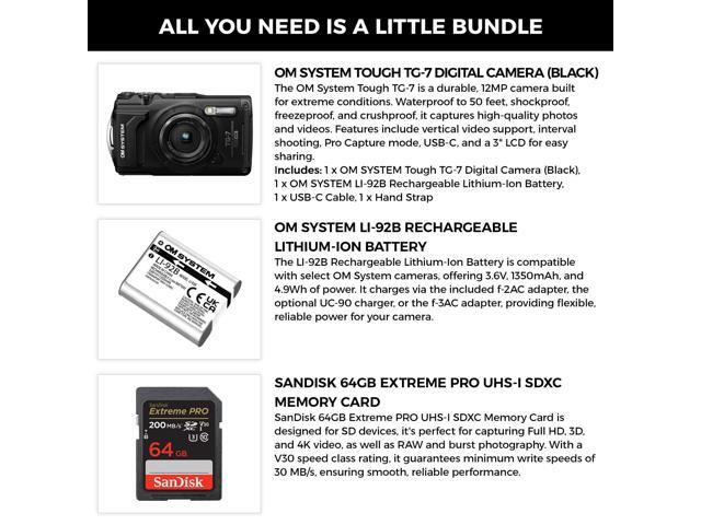 OM SYSTEM Tough TG-7 12MP Waterproof Digital Camera+Extra Battery+64GB SD Bundle