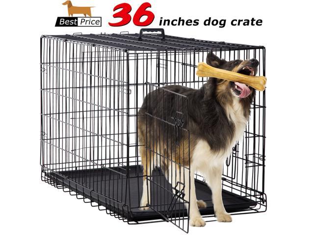 Large Dog Crate Dog Cage Dog Kennel Metal WireDouble-Door Folding Pet Animal Pet Cage with Plastic Tray and Handle,36 inches