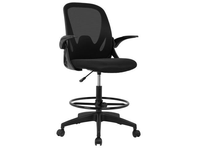 Drafting Chair Standing Desk Chair with Adjustable Foot Ring Mesh Back Tall Office Chair Task Lumbar Support Flip Up Arms Computer Chair(Black)