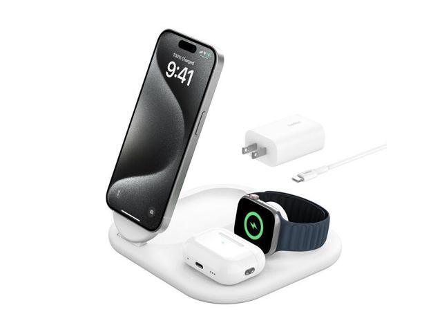 Belkin - 3-in-1 15W, Foldable Magnetic Qi2 Charging Station for iPhone 17, Apple Watch, AirPods, and More, w/Non-Slip Base & PSU - White - image 2