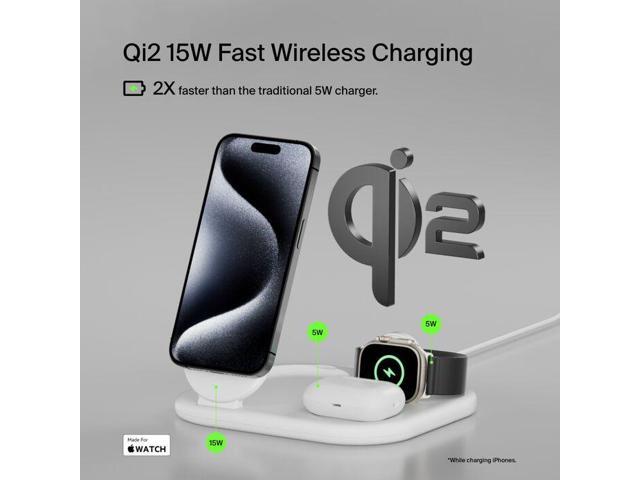 Belkin - 3-in-1 15W, Foldable Magnetic Qi2 Charging Station for iPhone 17, Apple Watch, AirPods, and More, w/Non-Slip Base & PSU - White - image 3