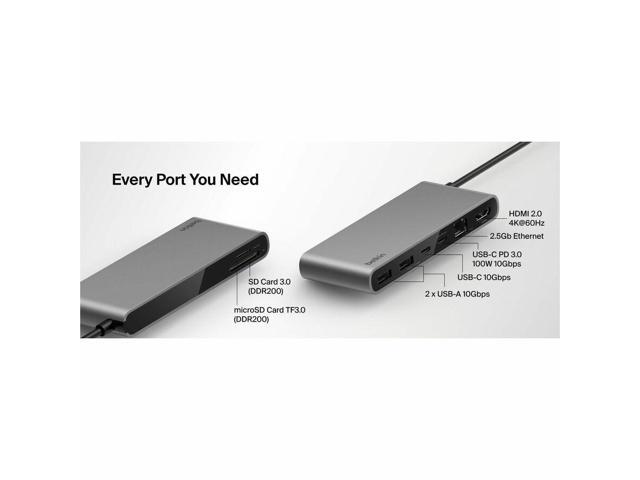 Belkin 8-Port USB-C Hub 2xUSB-A, 2xUSB-C, 1xHDMI, 1xEthernet, 1xSD Reader, 1xMicroSD Reader Grey Model INC024FQSGY