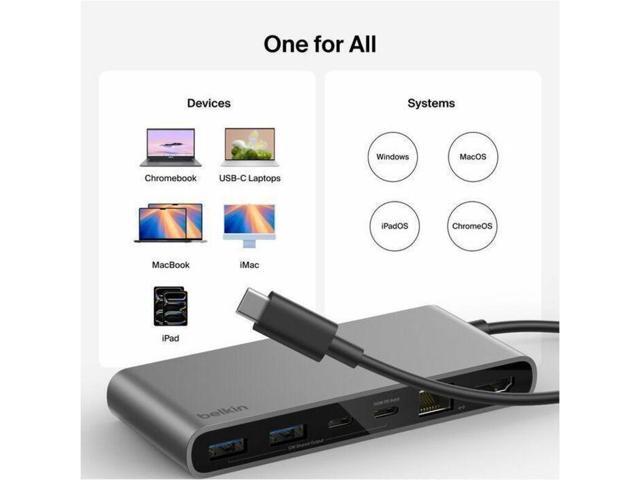 Belkin 8-Port USB-C Hub 2xUSB-A, 2xUSB-C, 1xHDMI, 1xEthernet, 1xSD Reader, 1xMicroSD Reader Grey Model INC024FQSGY