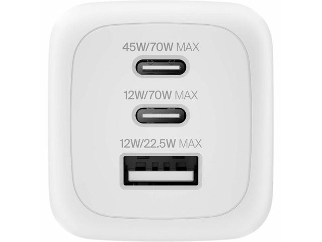 Belkin 70W GaN 3-Port USB Wall Charger 1xUSB-A, 2xUSB-C - Foldable Prongs Power Adapter White Model WCH018DQWH Belkin 70W GaN 3-Port USB Wall Charger 1xUSB-A, 2xUSB-C - Foldable Prongs Power Adapter White Model WCH018DQWH