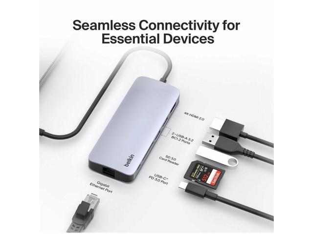 Belkin 6-Port USB-C Hub USB-C to 2xUSB-A, 1xUSB-C, 1xEthernet, 1x8K HDMI, 1xSD Reader Docking Station Grey Model AVC008FQSGY-V2