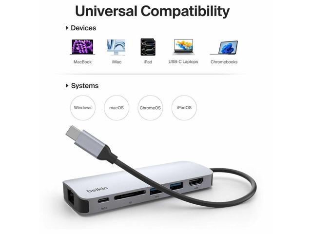 Belkin 6-Port USB-C Hub USB-C to 2xUSB-A, 1xUSB-C, 1xEthernet, 1x8K HDMI, 1xSD Reader Docking Station Grey Model AVC008FQSGY-V2