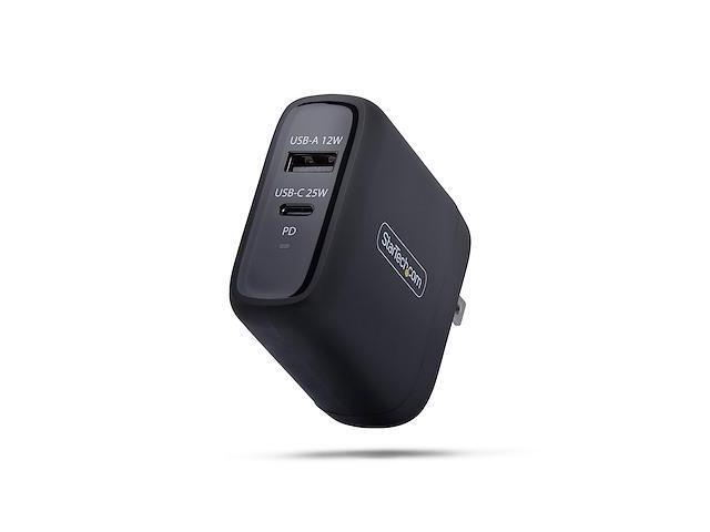 Startech 37W USB-C & USB-A Wall Charger, Portable Charger with USB Power Delivery Fast Charging, 25W USB-C PD / 12W USB-A Output, Dual-Port.