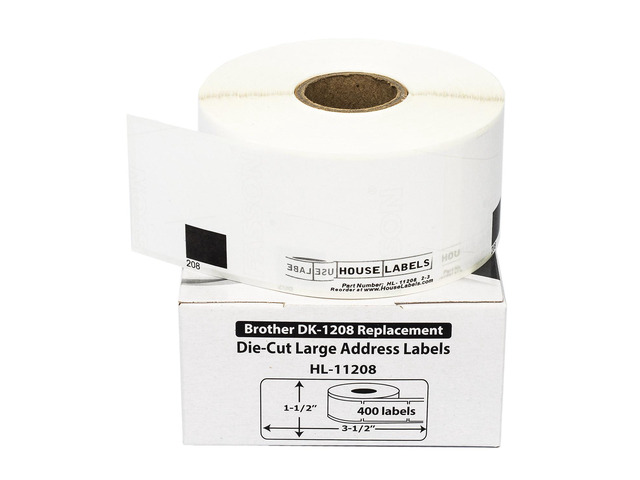 HOUSELABELS Compatible with DK-1208 Replacement Roll for Brother QL Label Printers; 400 Address Labels; 1-1/2' x 3-1/2' (38mm*90mm) - 2 Rolls