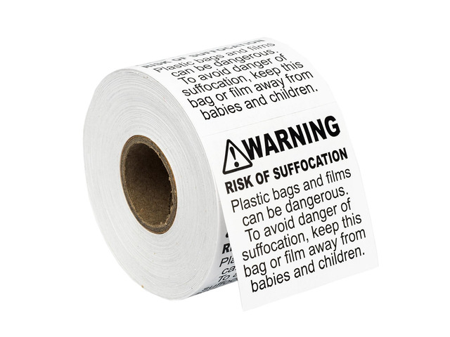 WARNING - RISK OF SUFFOCATION (FBA-approved) Pre-Printed Labels/Stickers (2' x 2') 4 Rolls / 500 Labels per Roll