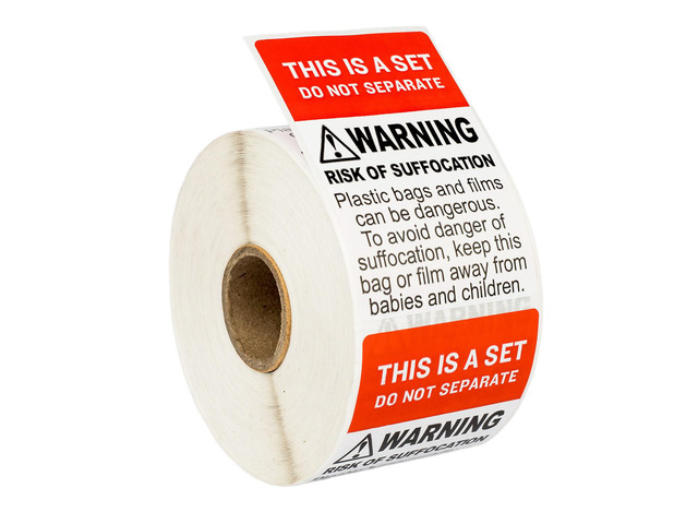 DO NOT SEPARATE - THIS IS A SET with Suffocation Warning Labels/Stickers (2' x 3'), FBA-approved, 500 labels per roll, 1 Roll