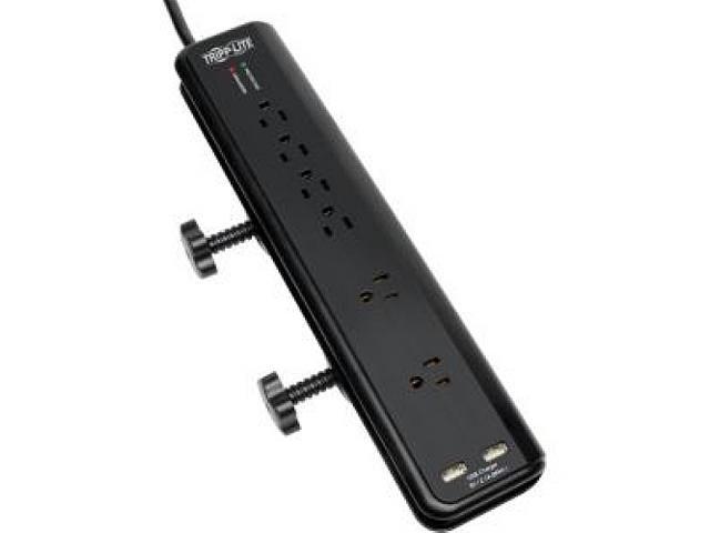 Tripp Lite TLP606DMUSB Protect It! 6- Outlet Clamp-Mount Surge Protector, 6-ft. Cord, 2100 Joules, 2 USB Charging Ports (2.1A total)