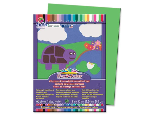 Pacon 9603 SunWorks Construction Paper Heavyweight 9 x 12 Bright Green 50 Sheets