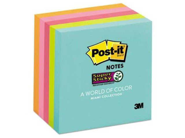 Post-it Super Sticky Pads in Miami Colors 3 x 3 Miami 90/Pad 5 Pads/Pack 6545SSMIA
