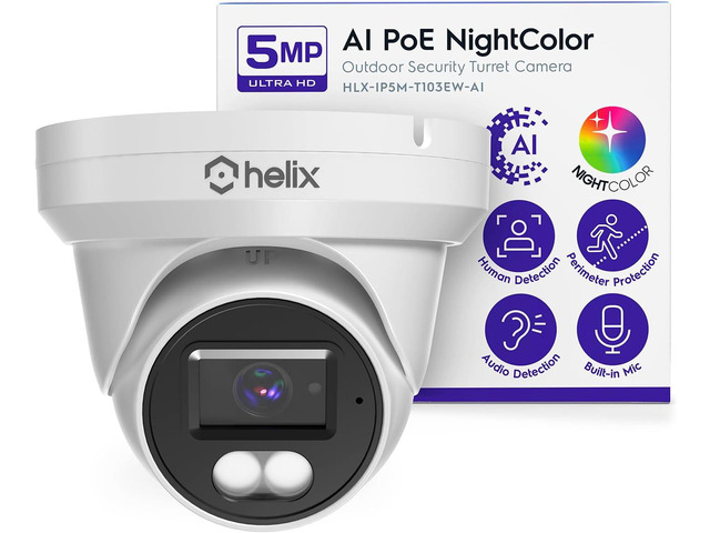 Helix 5MP Security AI IP PoE Camera, 98ft Night Color, Human Detection, NDAA Compliant, Indoor Outdoor Surveillance Turret, Built in Mic, Support...