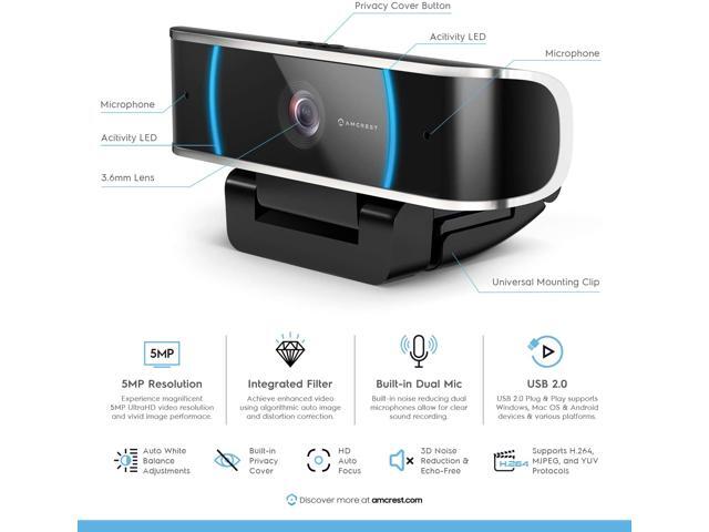 Amcrest 5-Megapixel Webcam with Microphone, Web Cam USB Camera, Computer HD Streaming Webcam for PC Desktop & Laptop w/Mic, Wide Angle Lens & Large...