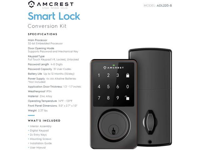 Amcrest Smart Lock ADL220-B Contemporary Digital Keypad Single Cylinder Deadbolt with Automatic Motorized Locking, Zinc Alloy