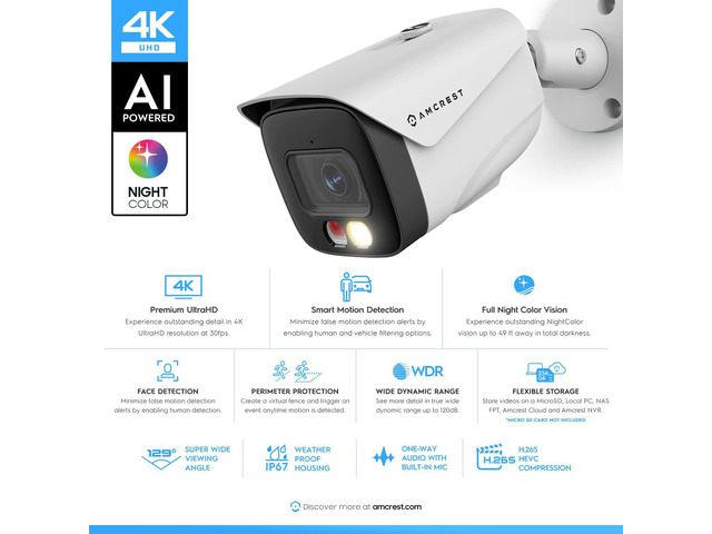 Amcrest 4K IP PoE AI Camera UltraHD 8MP Security Outdoor Camera, FOV 129°, 49ft Color Nightvision, Human & Vehicle Detection, IP67 Weatherproof, 4K...