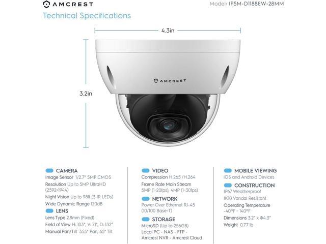 Amcrest 2-Pack 5MP POE Camera, Outdoor Vandal Dome Security POE IP Camera, 5-Megapixel, 98ft NightVision, 2.8mm Lens, IP67, IK10 Resistance,...