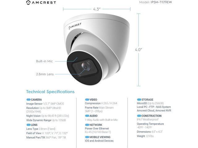 Amcrest 2-Pack 5MP UltraHD Outdoor Security IP Turret PoE Camera with Mic/Audio, 5-Megapixel, 98ft NightVision, 2.8mm Lens, IP67 Weatherproof,...