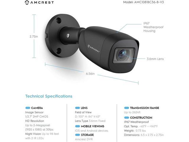 Amcrest Full HD 1080P 1920TVL Bullet Outdoor Security Camera (Quadbrid 4in1 HD-CVI/TVI/AHD/Analog), 2MP 1920x1080, 129° FOV, Black AMC1081BC28-B-V4