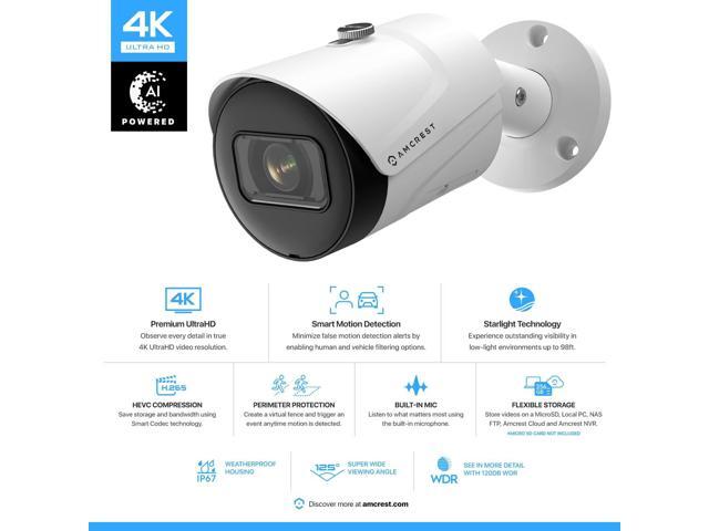 Amcrest 4K (8MP) IP POE Camera, UltraHD Outdoor Bullet, 3840x2160, 98ft NightVision, 125° FOV, IP67, MicroSD (256GB), Human & Vehicle Detection,...