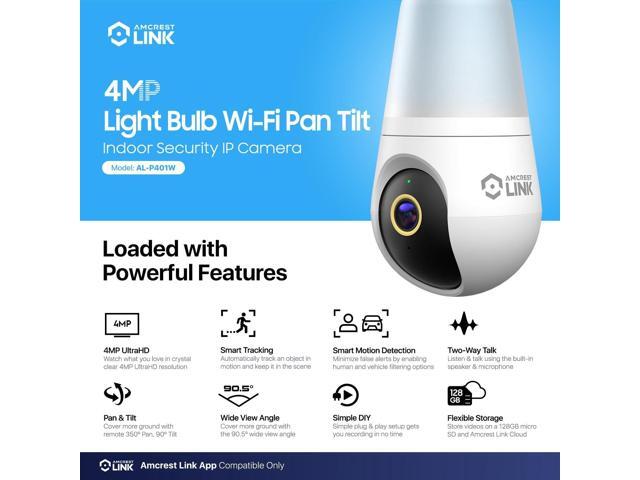 Amcrest Link 4MP Light Bulb WiFi Indoor/Outdoor Camera, Human Detection, 90.5° FOV, Pan/Tilt, IP45, AI Night Color, 2.4GHz/5GHz Dual Band Camera,...