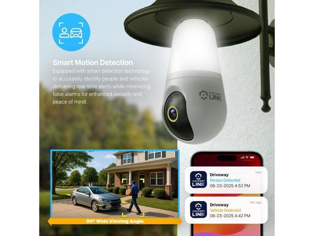Amcrest Link 4MP Light Bulb WiFi Indoor/Outdoor Camera, Human Detection, 90.5° FOV, Pan/Tilt, IP45, AI Night Color, 2.4GHz/5GHz Dual Band Camera,...
