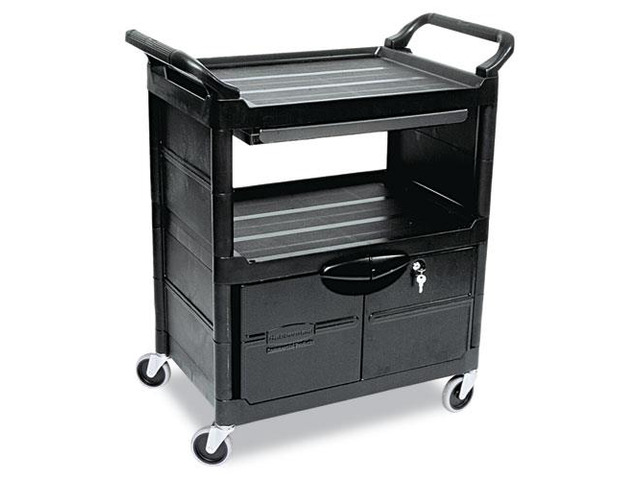 Utility Cart With Locking Doors, Two-Shelf, 33-5/8w X 18-5/8d X 37-3/4h, Black