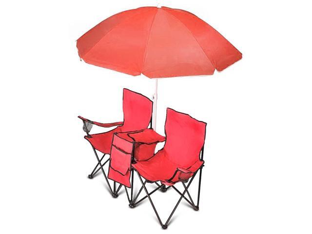 GoTeam Portable 2-Seat Folding Camp Chair with Cooler, Umbrella & Cup Holders Outdoor Picnic, Beach, or Tailgate Seating Carry Case Included (Red)