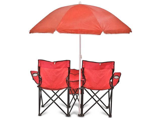 GoTeam Portable 2-Seat Folding Camp Chair with Cooler, Umbrella & Cup Holders Outdoor Picnic, Beach, or Tailgate Seating Carry Case Included (Red)