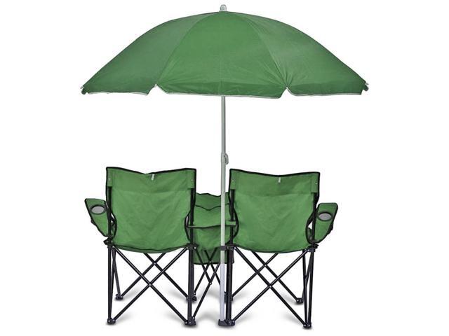 GoTeam Portable 2-Seat Folding Camp Chair with Cooler, Umbrella & Cup Holders Outdoor Picnic, Beach, or Tailgate Seating Carry Case Included (Green)