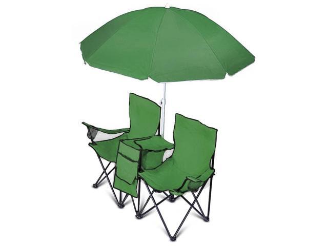 GoTeam Portable 2-Seat Folding Camp Chair with Cooler, Umbrella & Cup Holders Outdoor Picnic, Beach, or Tailgate Seating Carry Case Included (Green)