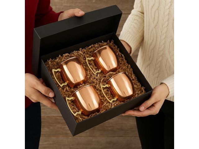 Modern Home Handmade 16oz Solid Copper Mule Mug Barrel Shaped Mug with Brass Handle & Smooth Texture (Set of 4)