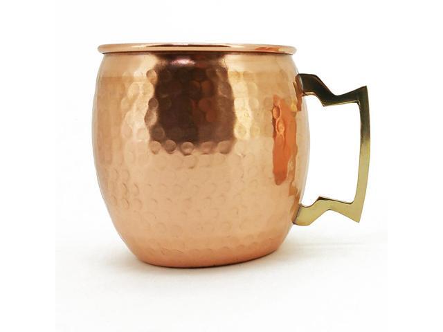 Modern Home Handmade 16oz Solid Copper Mule Mug Barrel Shaped Mug with Brass Handle & Hammered Texture (Single)