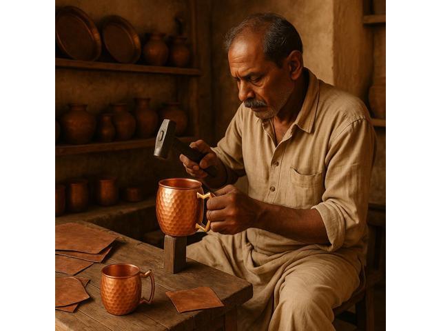 Modern Home Handmade 16oz Solid Copper Mule Mug Nickel Lined Barrel Shaped Mug with Brass Handle & Hammered Texture (Single)