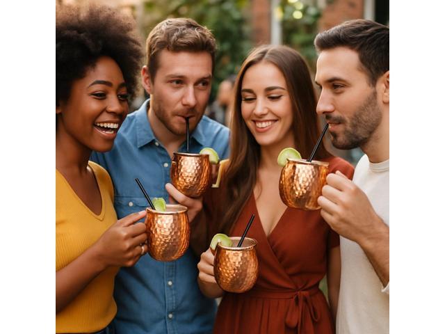 Modern Home Handmade 16oz Solid Copper Mule Mug Barrel Shaped Mug with Brass Handle & Hammered Texture (Set of 2)